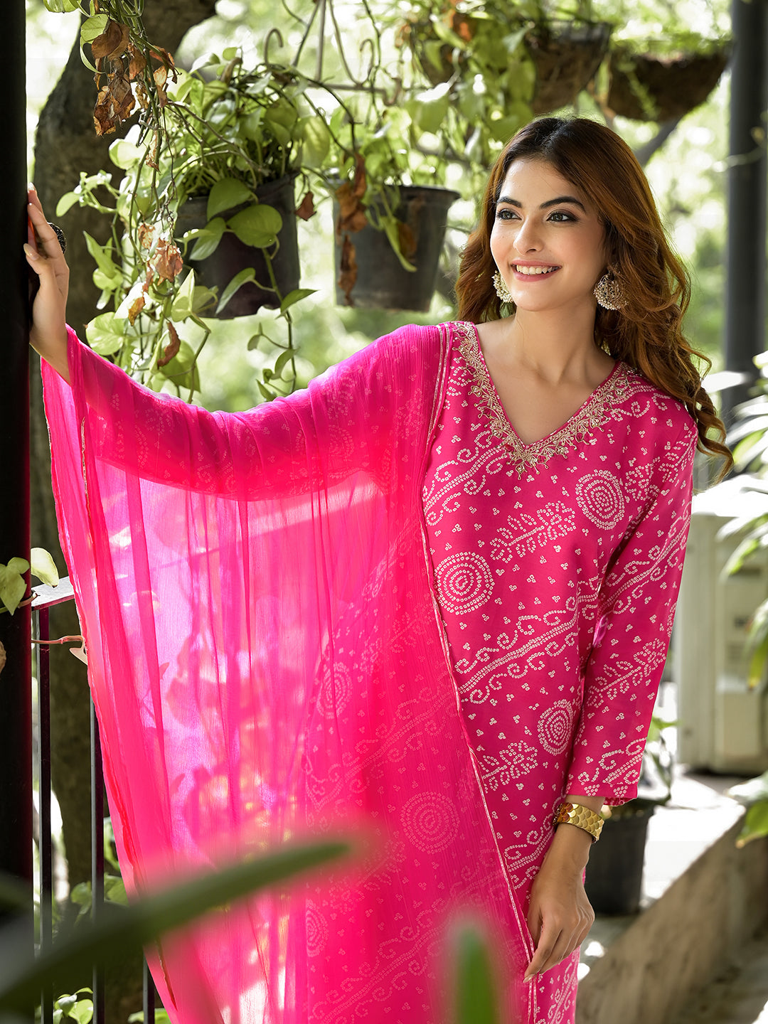 Pink Bandhni Printed Zari Work Muslin Kurta Set