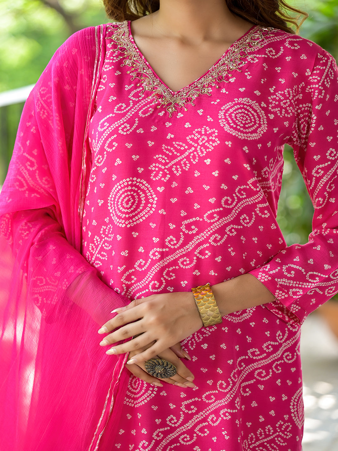 Pink Bandhni Printed Zari Work Muslin Kurta Set