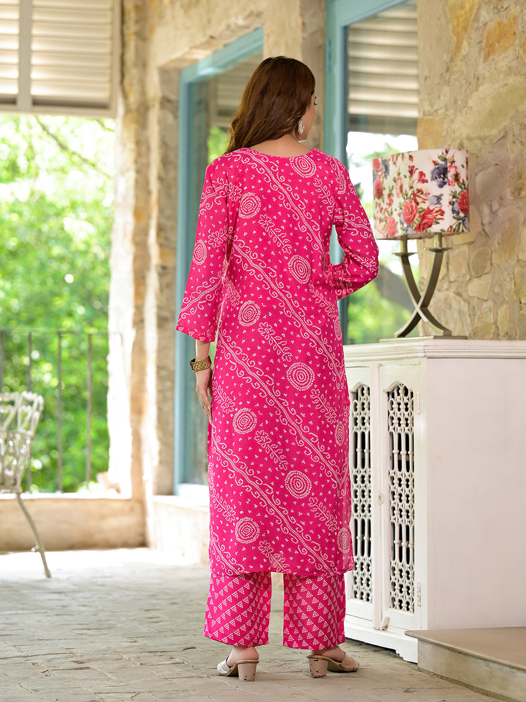 Pink Bandhni Printed Zari Work Muslin Kurta Set