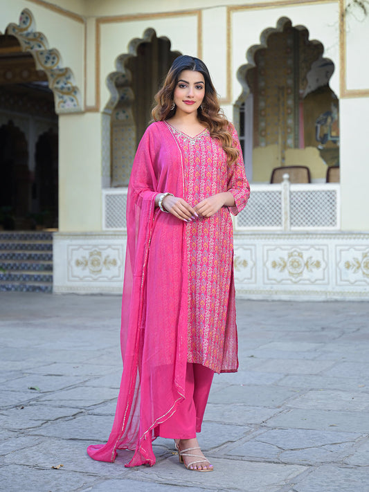 Pink Floral Printed Muslin Straight Kurta Pant with Dupatta