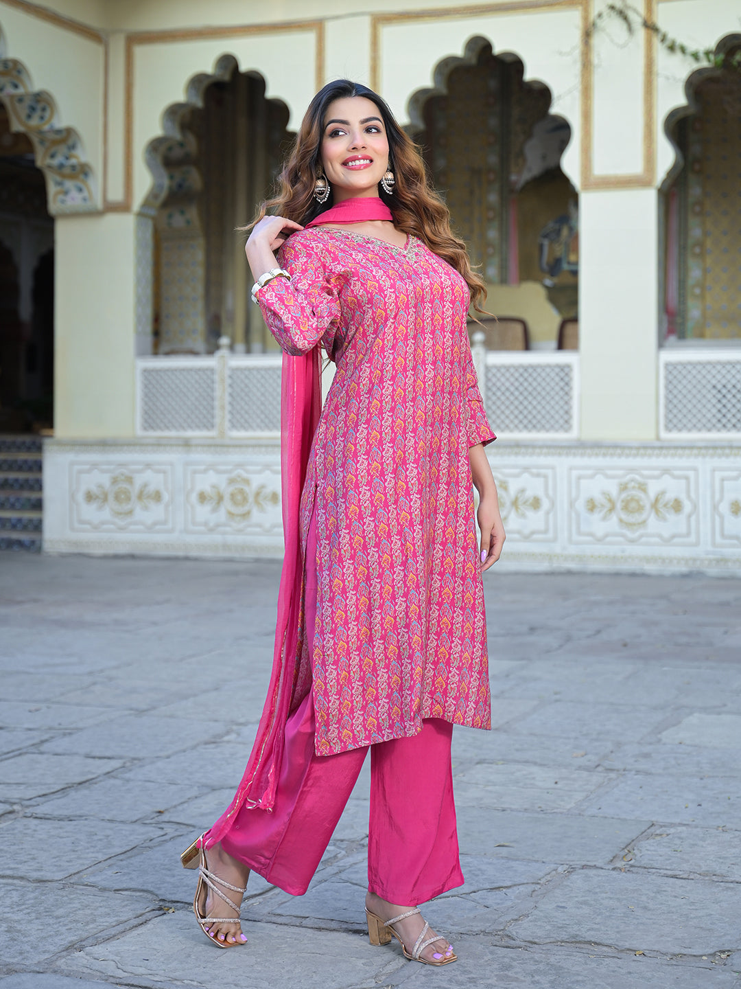 Pink Floral Printed Muslin Straight Kurta Pant with Dupatta