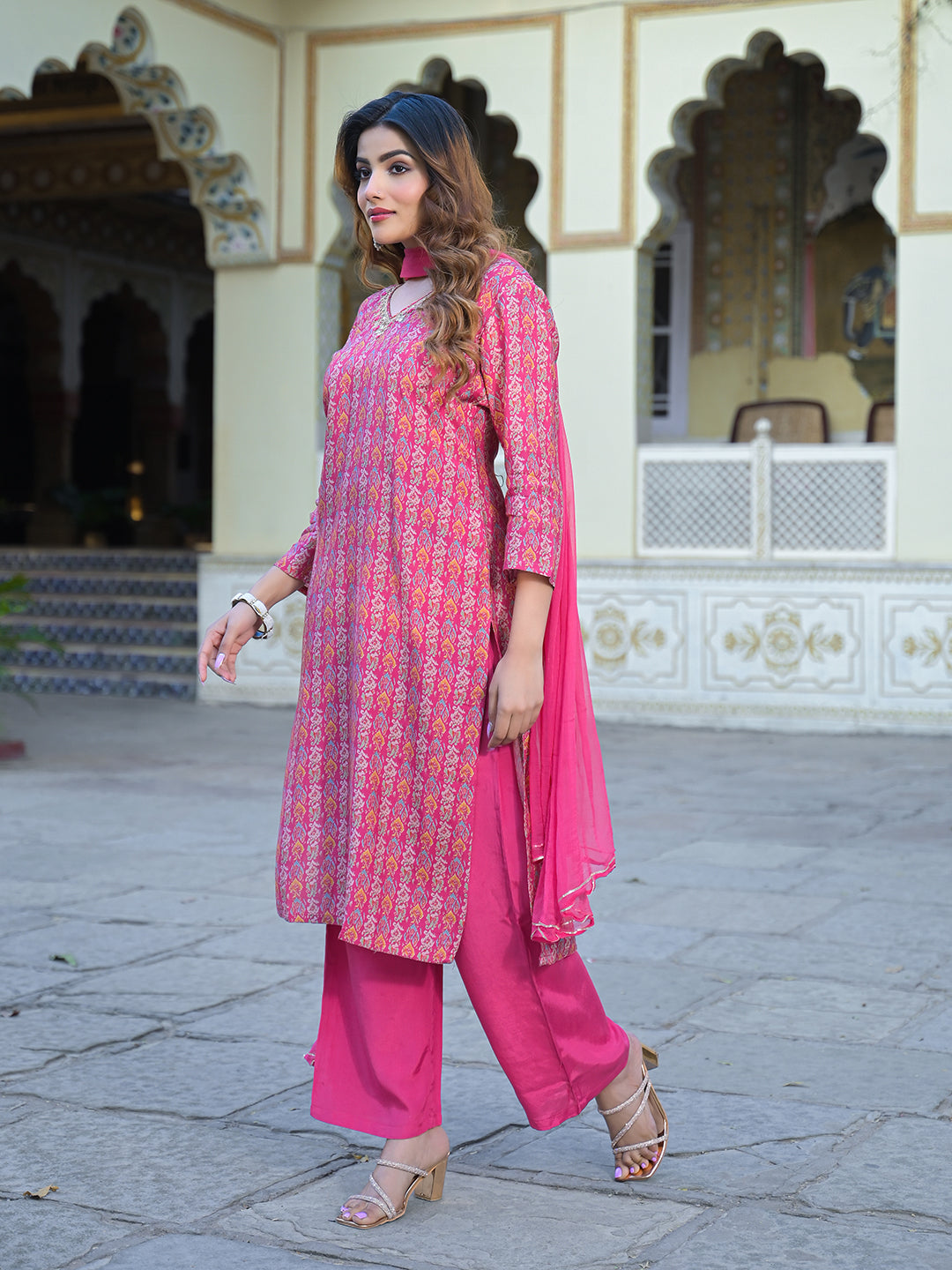 Pink Floral Printed Muslin Straight Kurta Pant with Dupatta