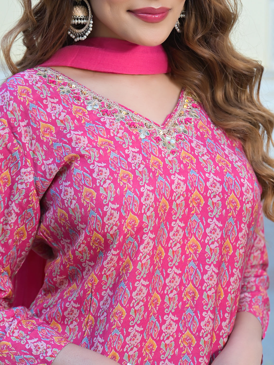 Pink Floral Printed Muslin Straight Kurta Pant with Dupatta