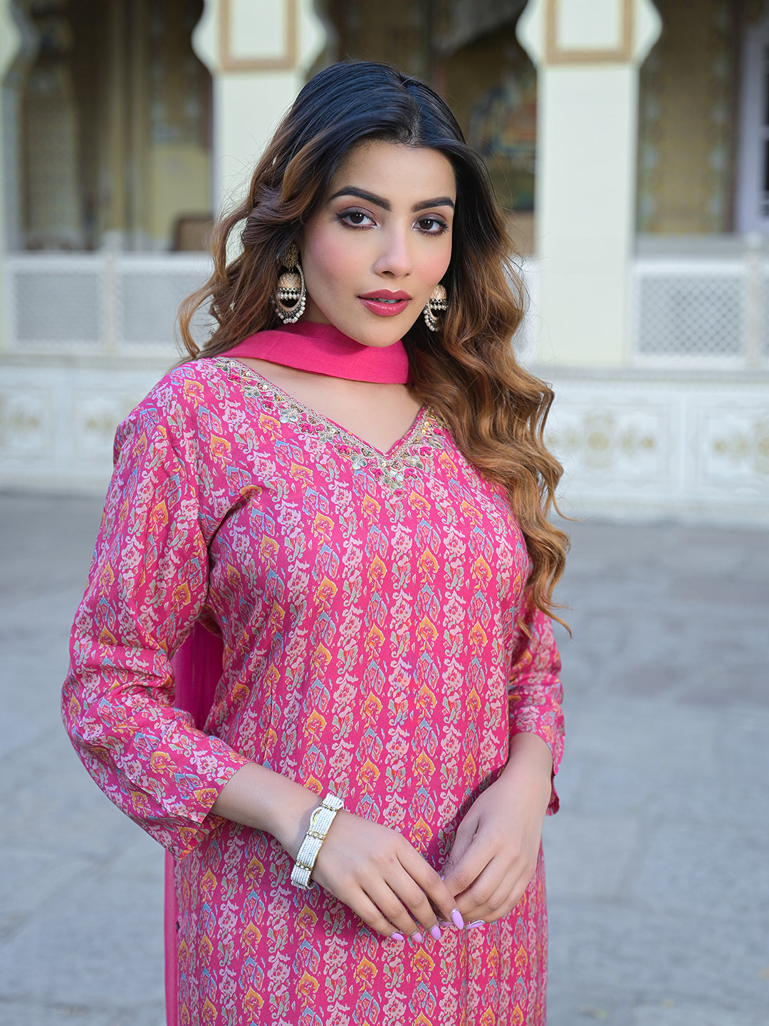 Pink Floral Printed Muslin Straight Kurta Pant with Dupatta