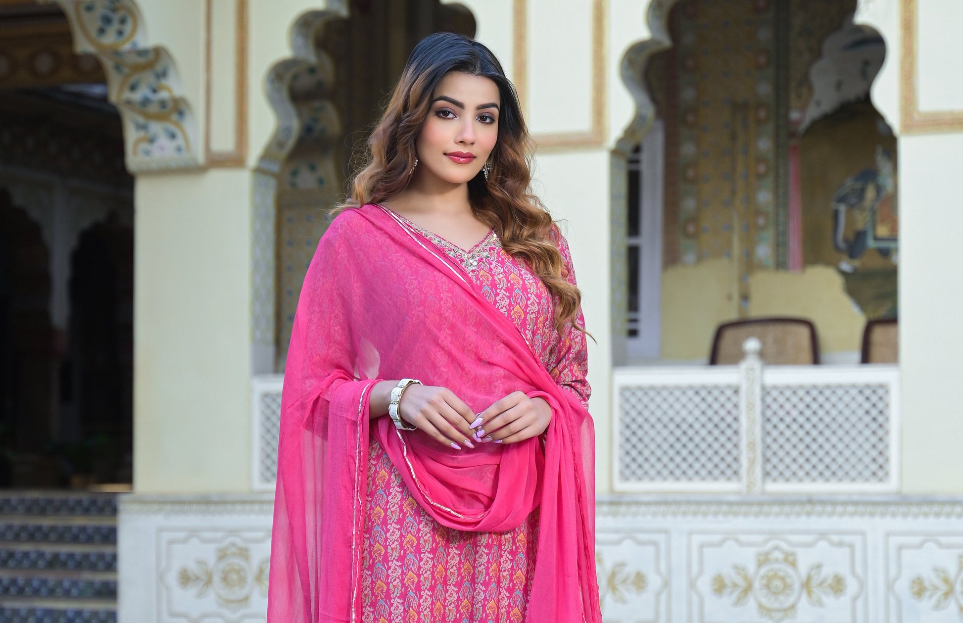 Pink Floral Printed Muslin Straight Kurta Pant with Dupatta
