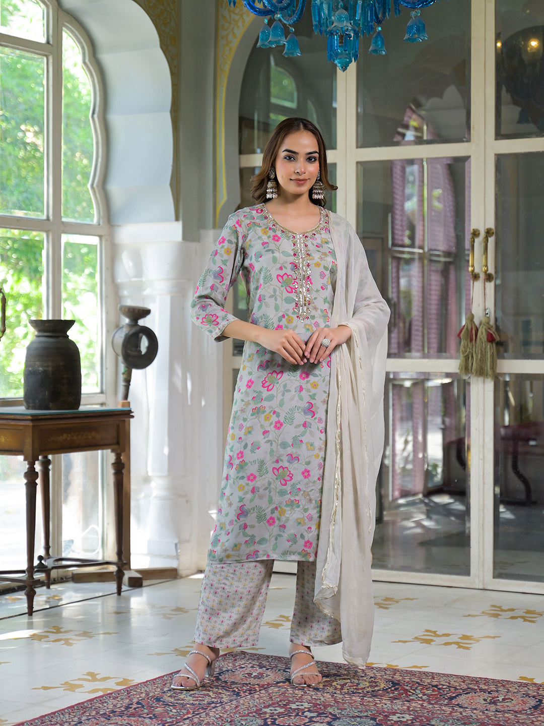 Light Grey Floral Print Muslin Kurta Trouser with Dupatta