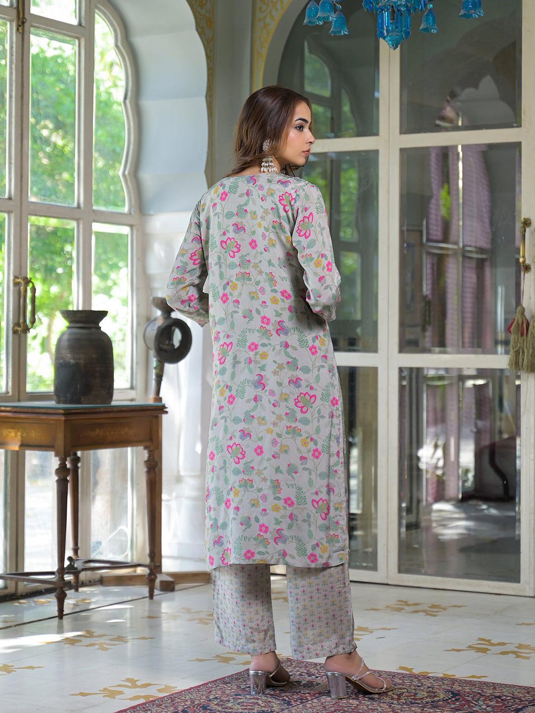 Light Grey Floral Print Muslin Kurta Trouser with Dupatta