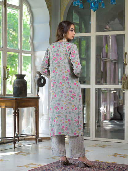 Light Grey Floral Print Muslin Kurta Trouser with Dupatta