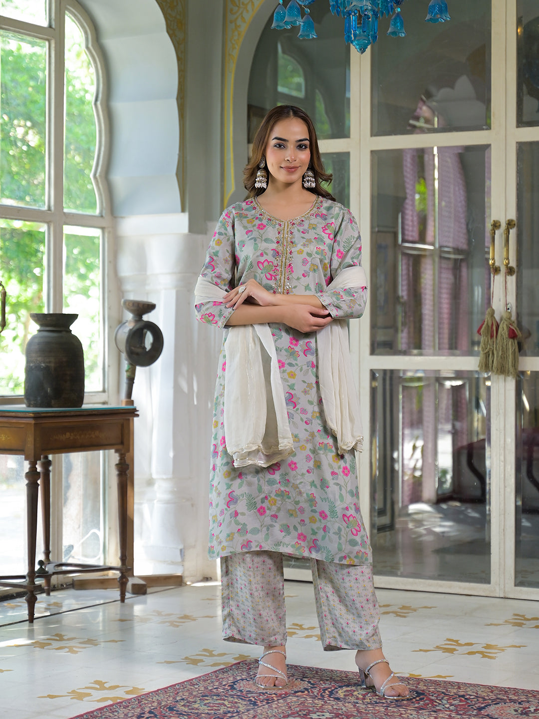 Light Grey Floral Print Muslin Kurta Trouser with Dupatta