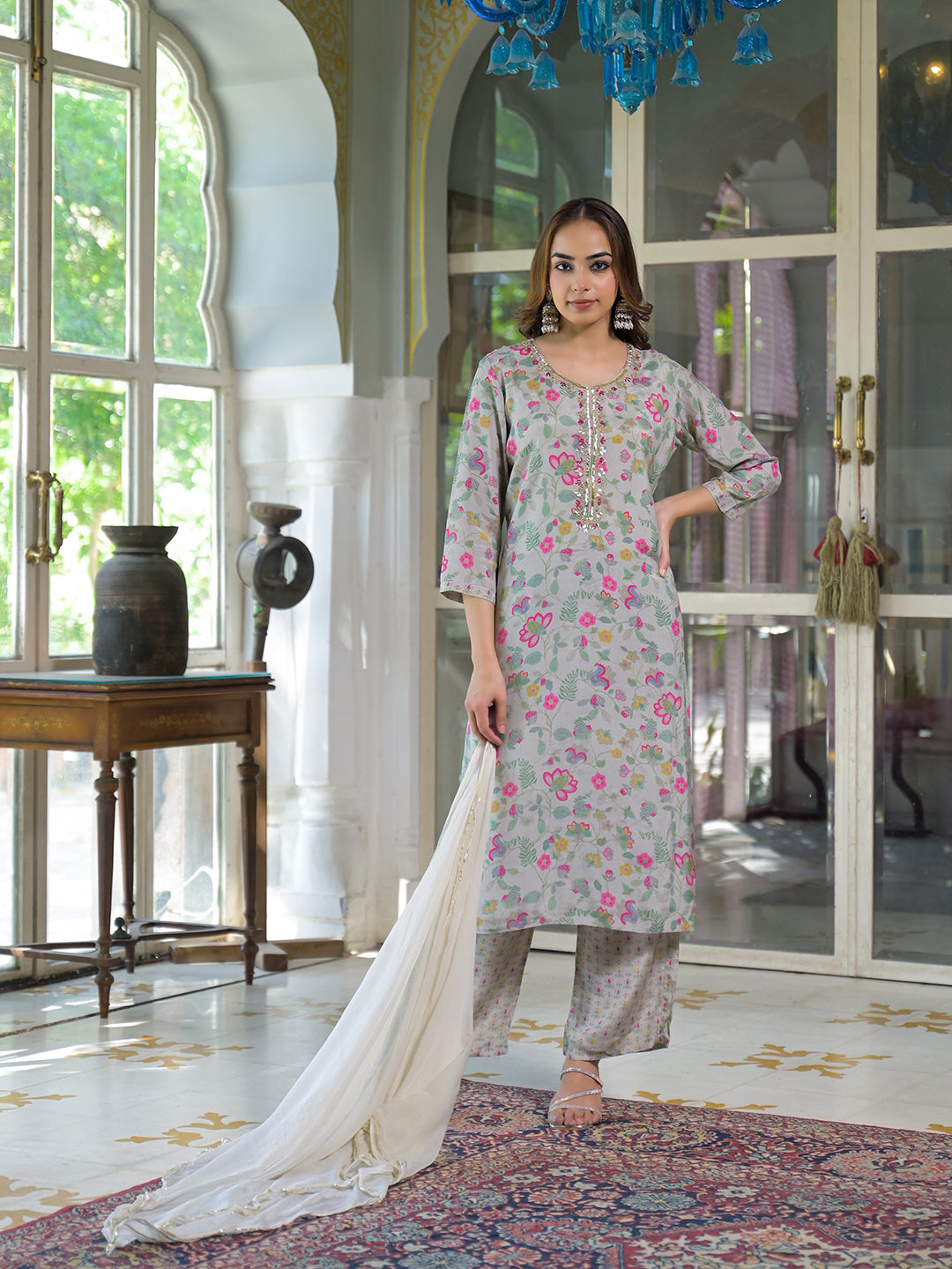 Light Grey Floral Print Muslin Kurta Trouser with Dupatta