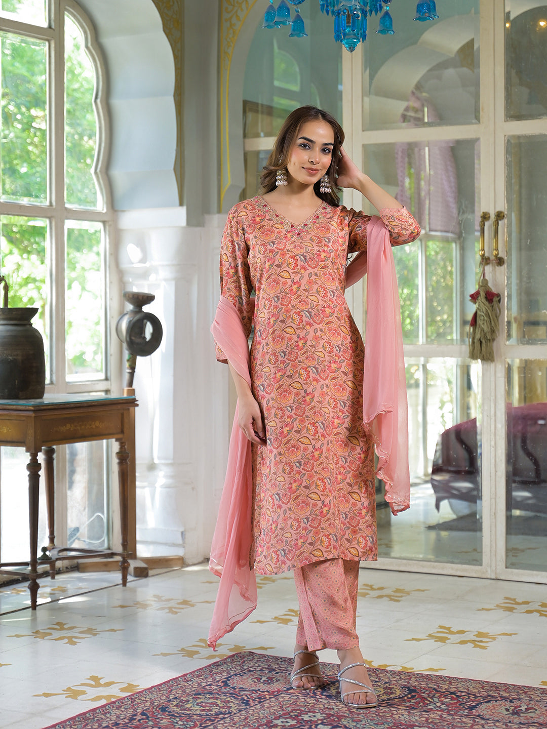 Peach Floral Print Muslin Embroidred Kurta Trouser with Dupatta