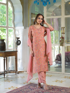 Peach Floral Print Muslin Embroidred Kurta Trouser with Dupatta