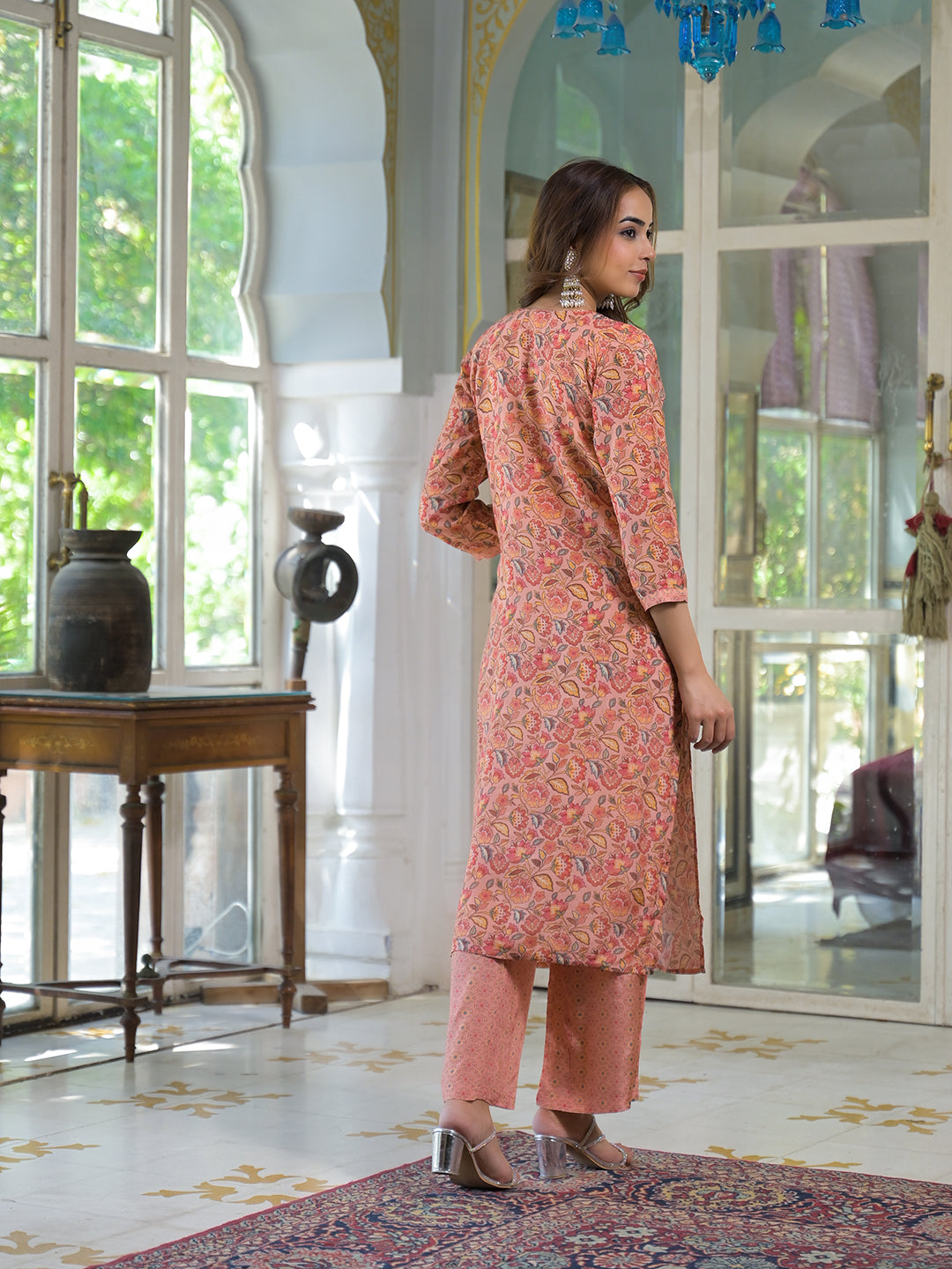 Peach Floral Print Muslin Embroidred Kurta Trouser with Dupatta