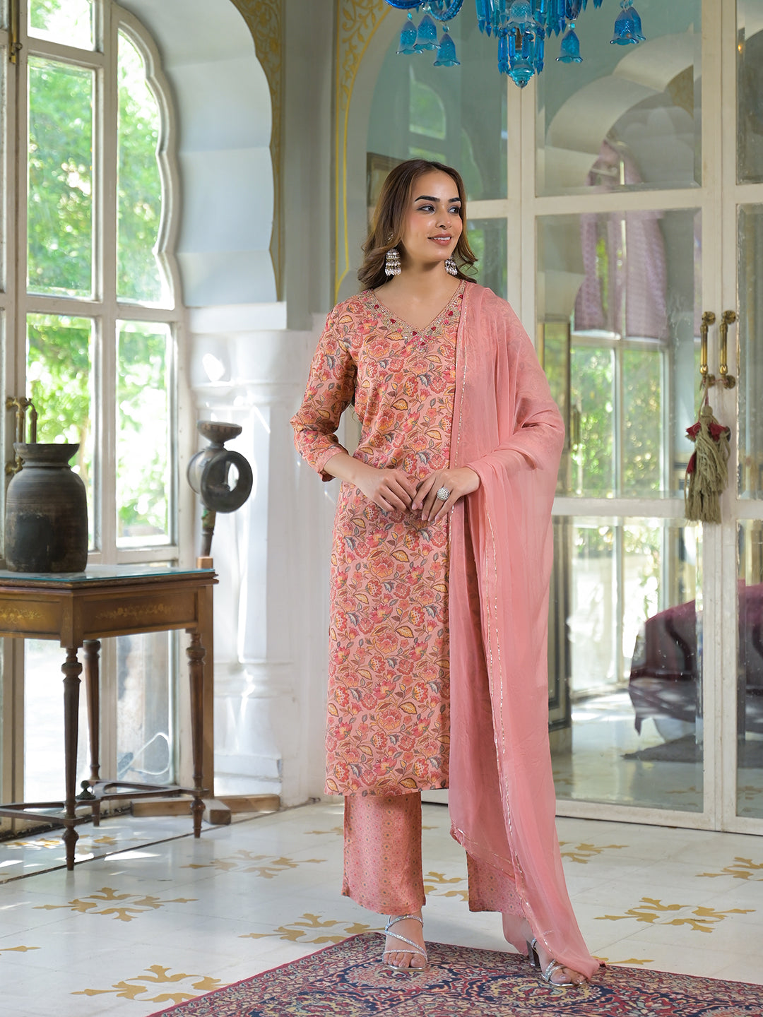 Peach Floral Print Muslin Embroidred Kurta Trouser with Dupatta