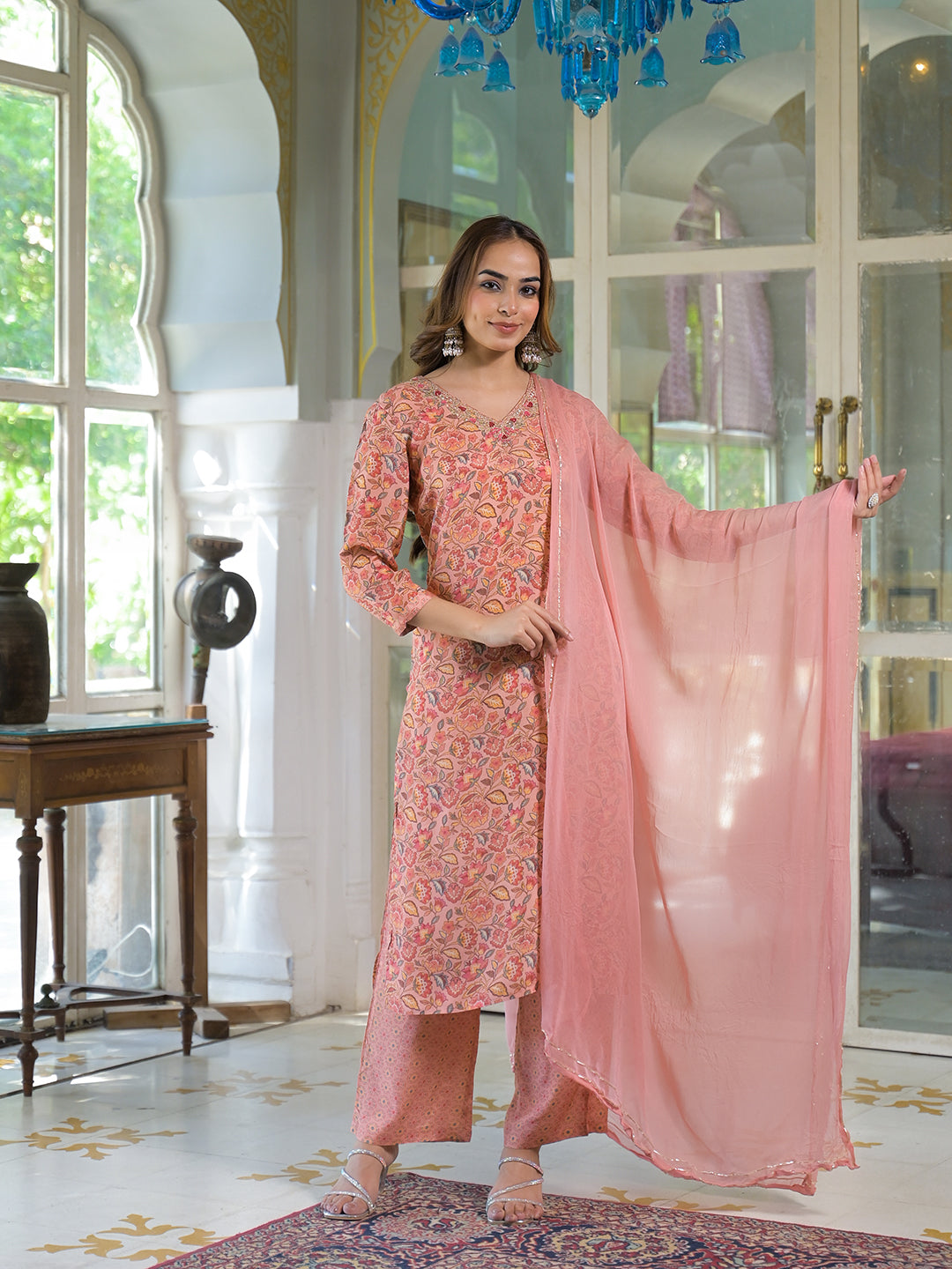 Peach Floral Print Muslin Embroidred Kurta Trouser with Dupatta
