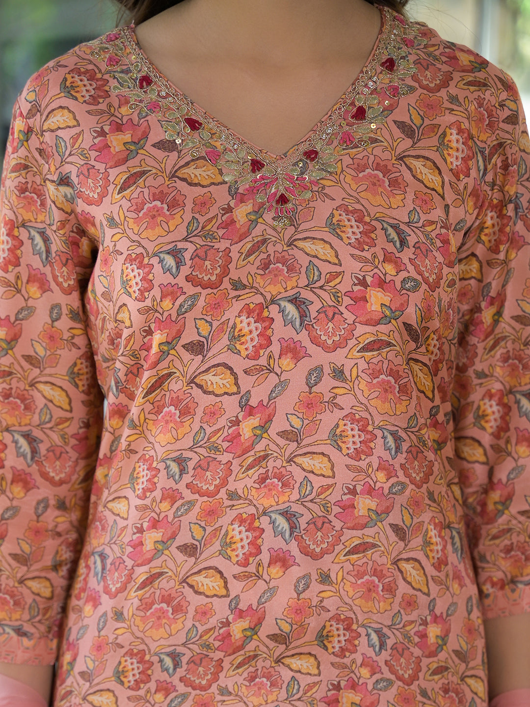 Peach Floral Print Muslin Embroidred Kurta Trouser with Dupatta