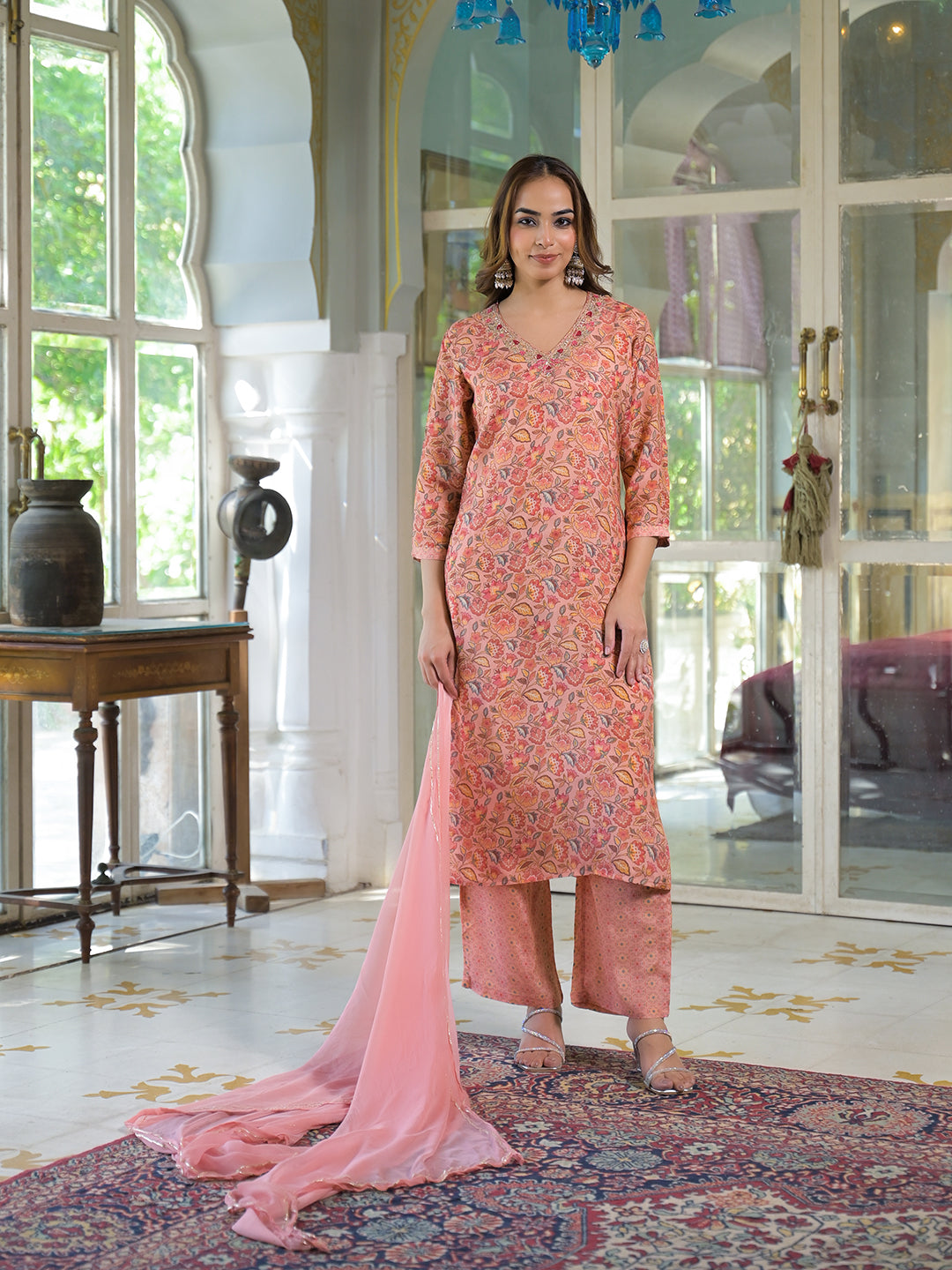Peach Floral Print Muslin Embroidred Kurta Trouser with Dupatta