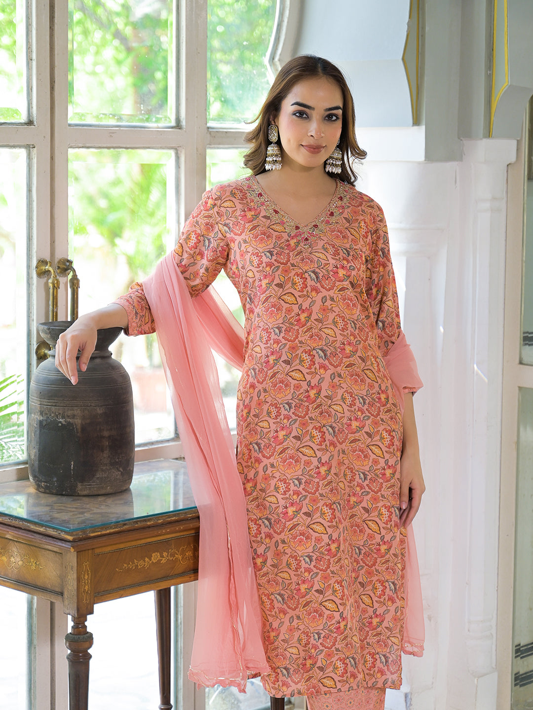 Peach Floral Print Muslin Embroidred Kurta Trouser with Dupatta