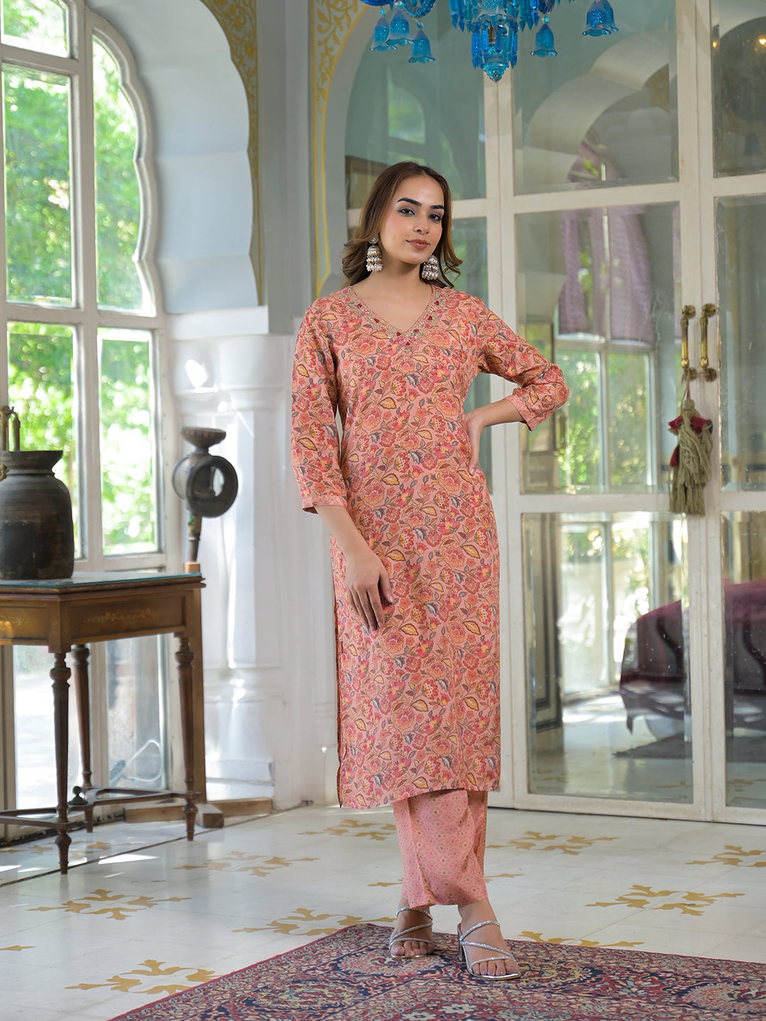 Peach Floral Print Muslin Embroidred Kurta Trouser with Dupatta