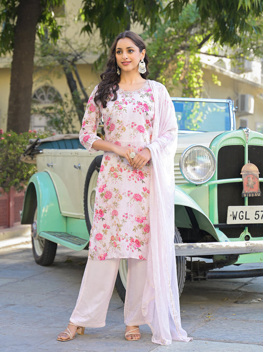 Light Pink Floral Printed Muslin Straight Kurta Pant with Dupatta