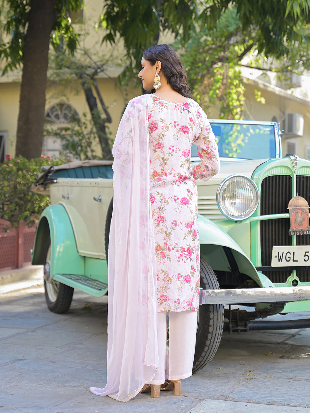 Light Pink Floral Printed Muslin Straight Kurta Pant with Dupatta