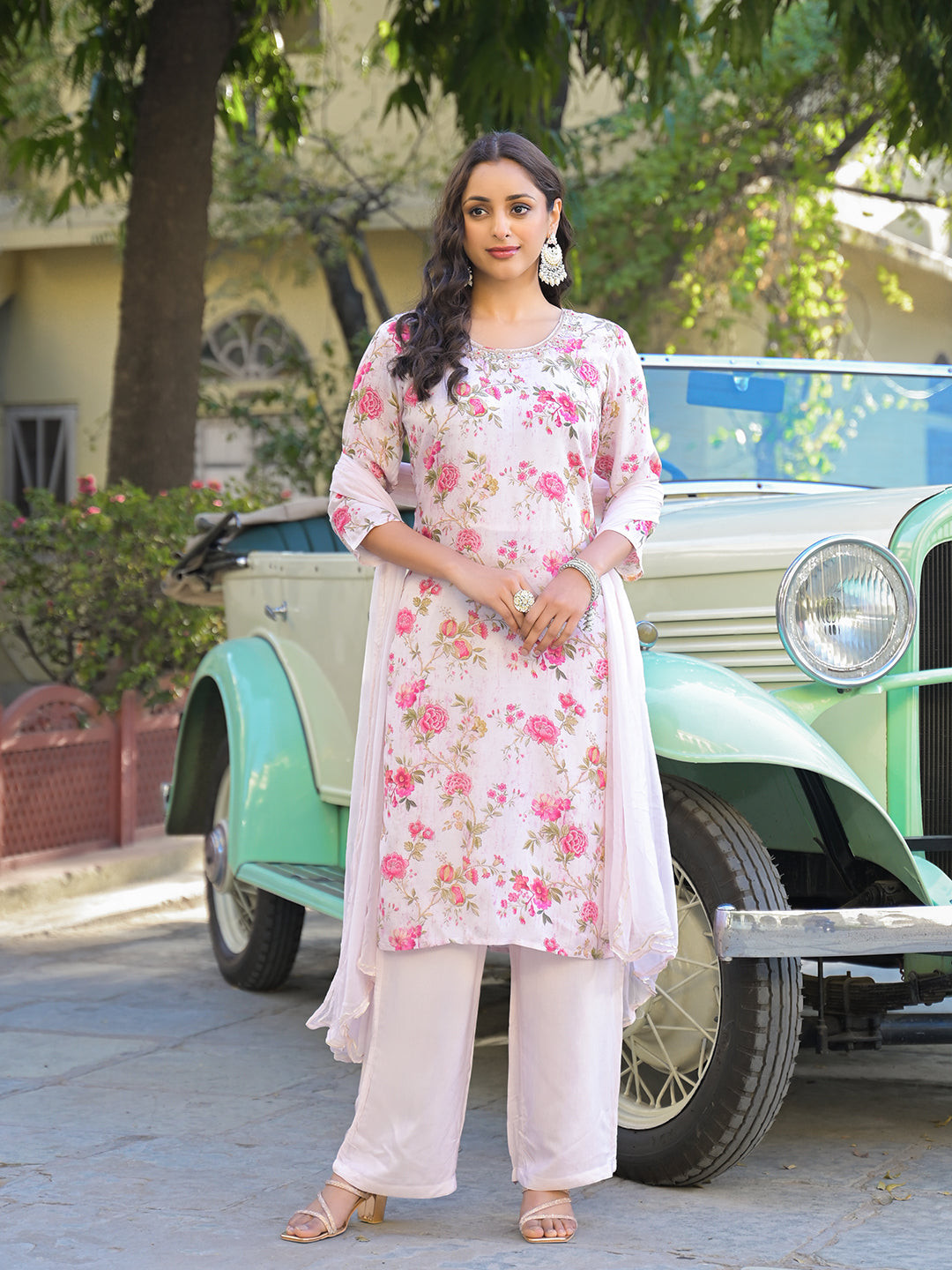 Light Pink Floral Printed Muslin Straight Kurta Pant with Dupatta