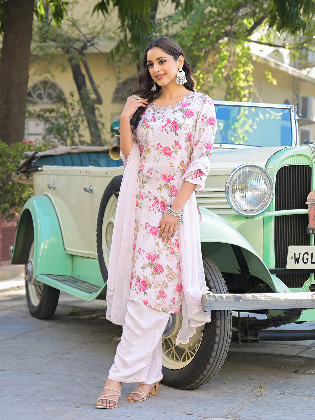 Light Pink Floral Printed Muslin Straight Kurta Pant with Dupatta