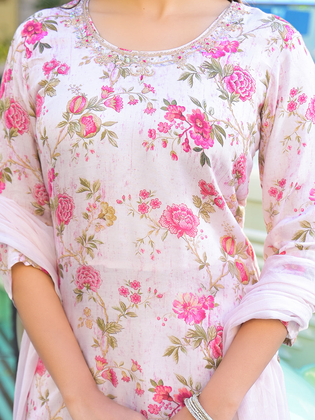 Light Pink Floral Printed Muslin Straight Kurta Pant with Dupatta