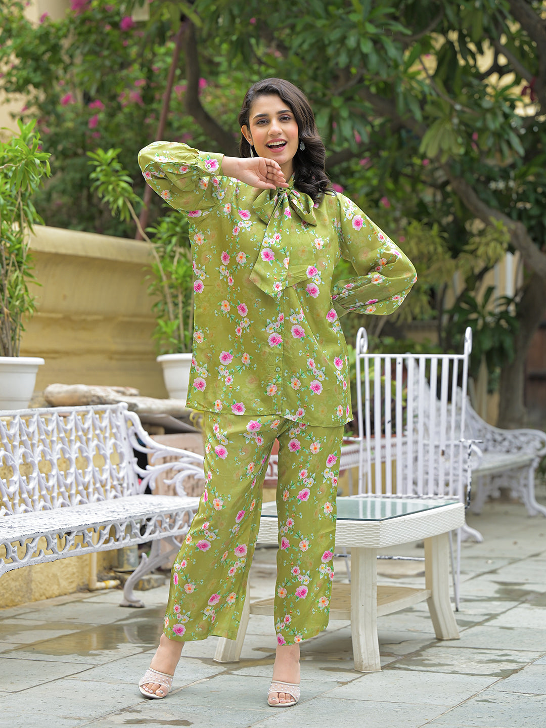 Muslin Green Printed Co-ords Sets