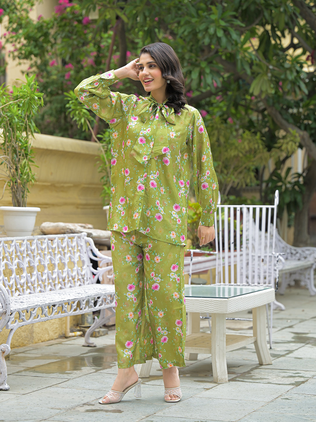 Muslin Green Printed Co-ords Sets