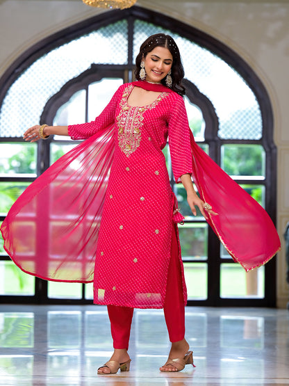 Pink Leheriya Print Georgette Fabric Straight Kurta & Trouser with Dupatta