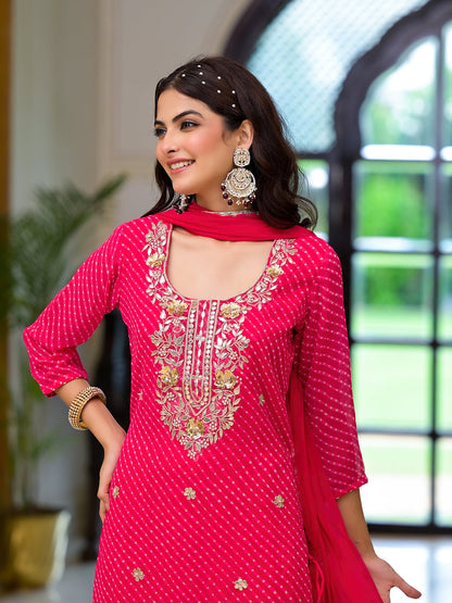 Pink Leheriya Print Georgette Fabric Straight Kurta & Trouser with Dupatta