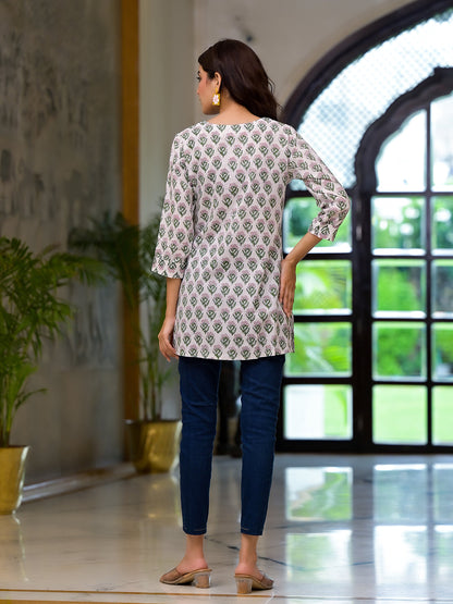 White Floral Print Pure Cotton A-line Top