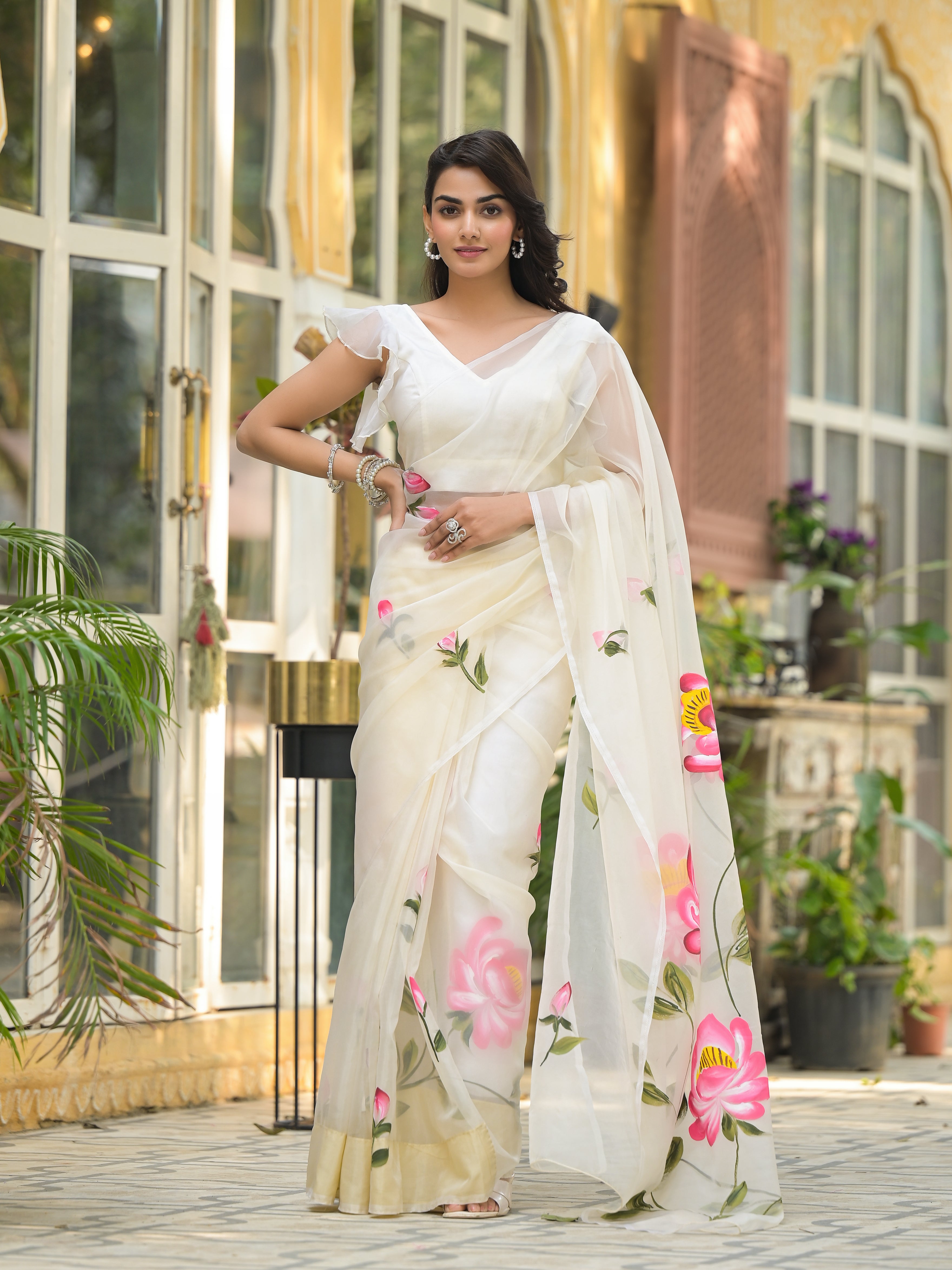 Cream Hand-painted Organza Saree