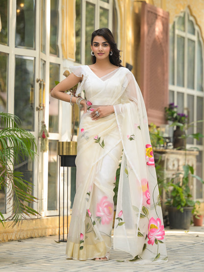 Cream Hand-painted Organza Saree