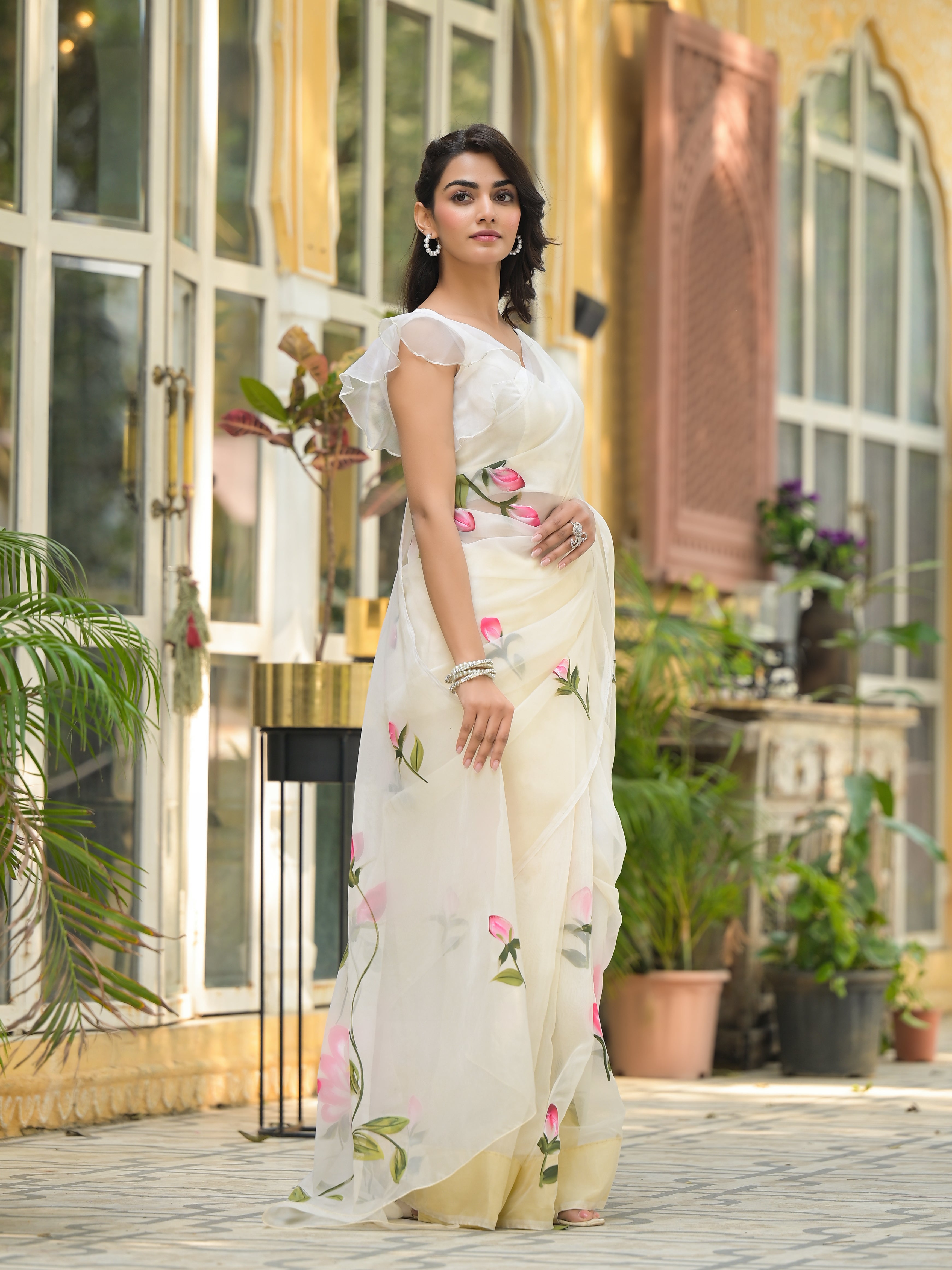 Cream Hand-painted Organza Saree