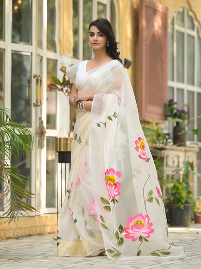 Cream Hand-painted Organza Saree
