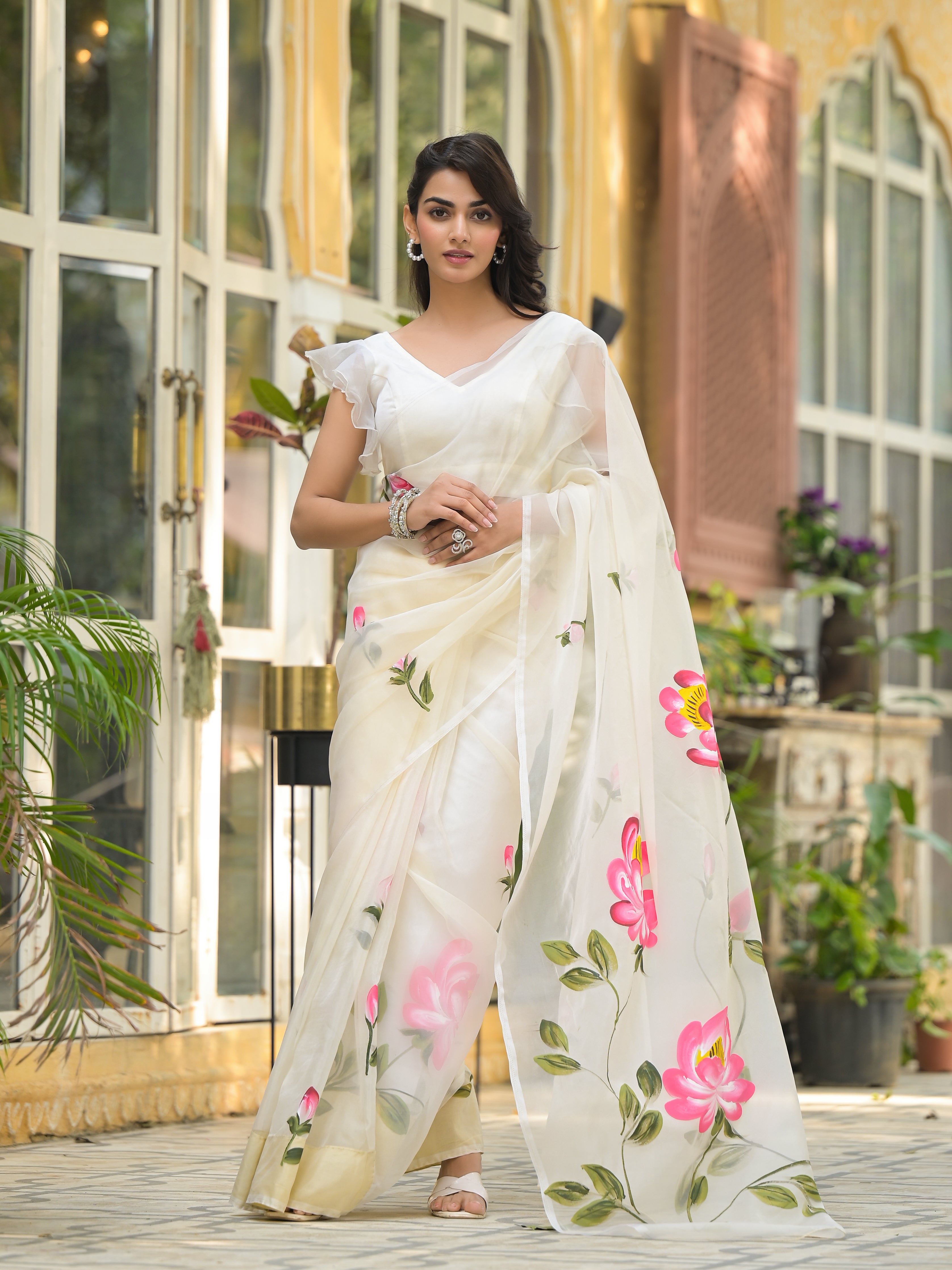 Cream Hand-painted Organza Saree