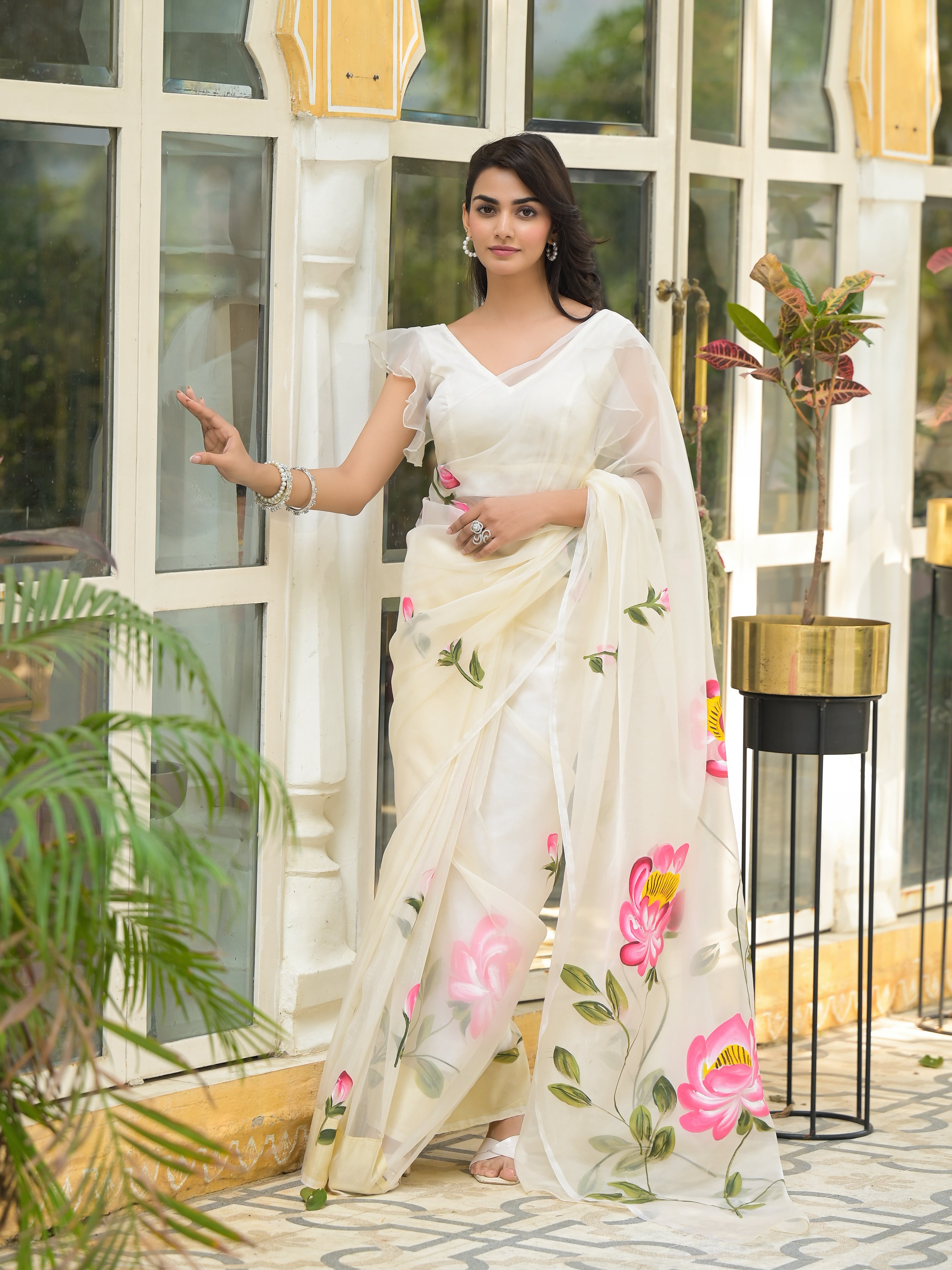Cream Hand-painted Organza Saree