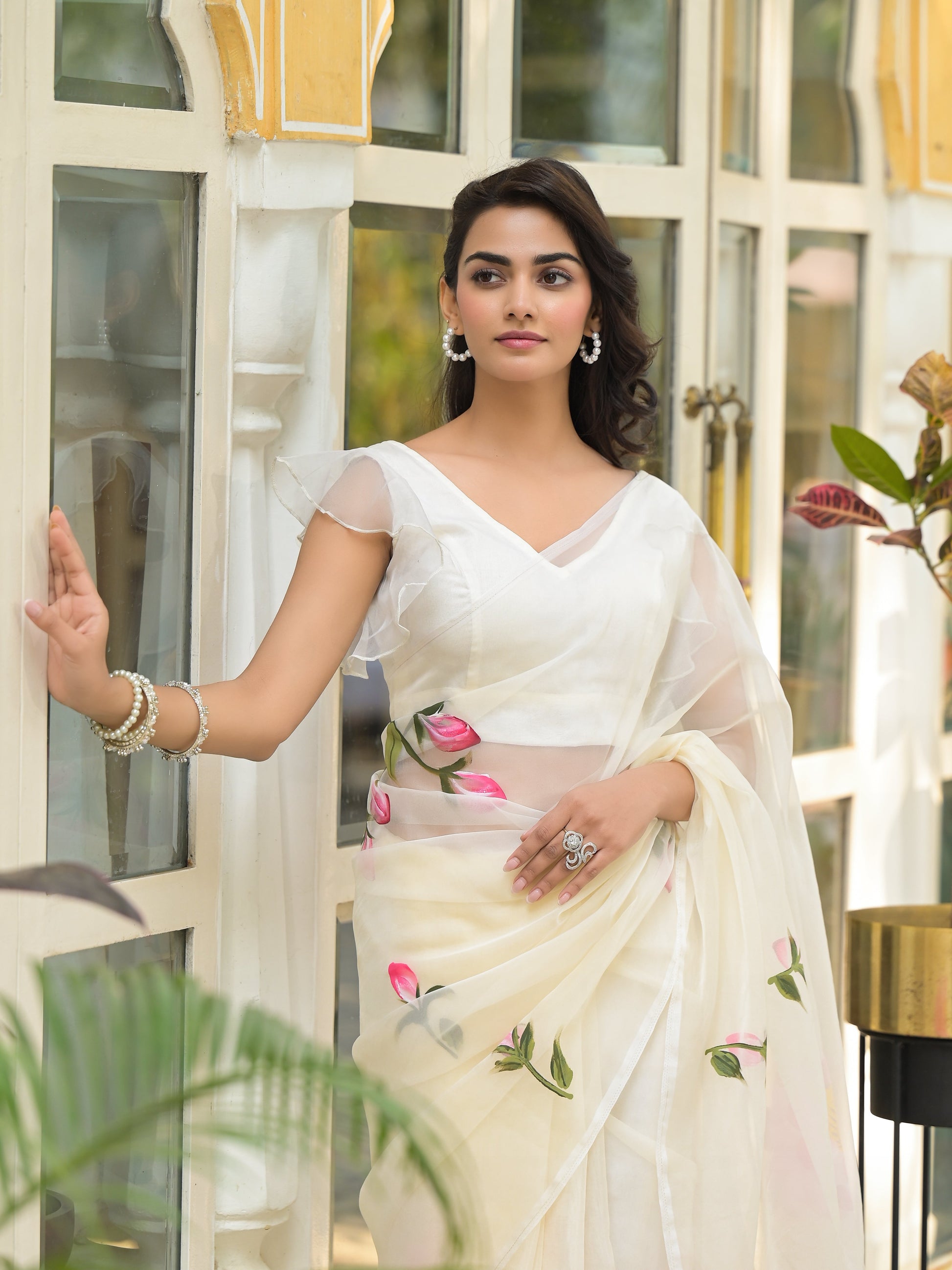 Cream Hand-painted Organza Saree