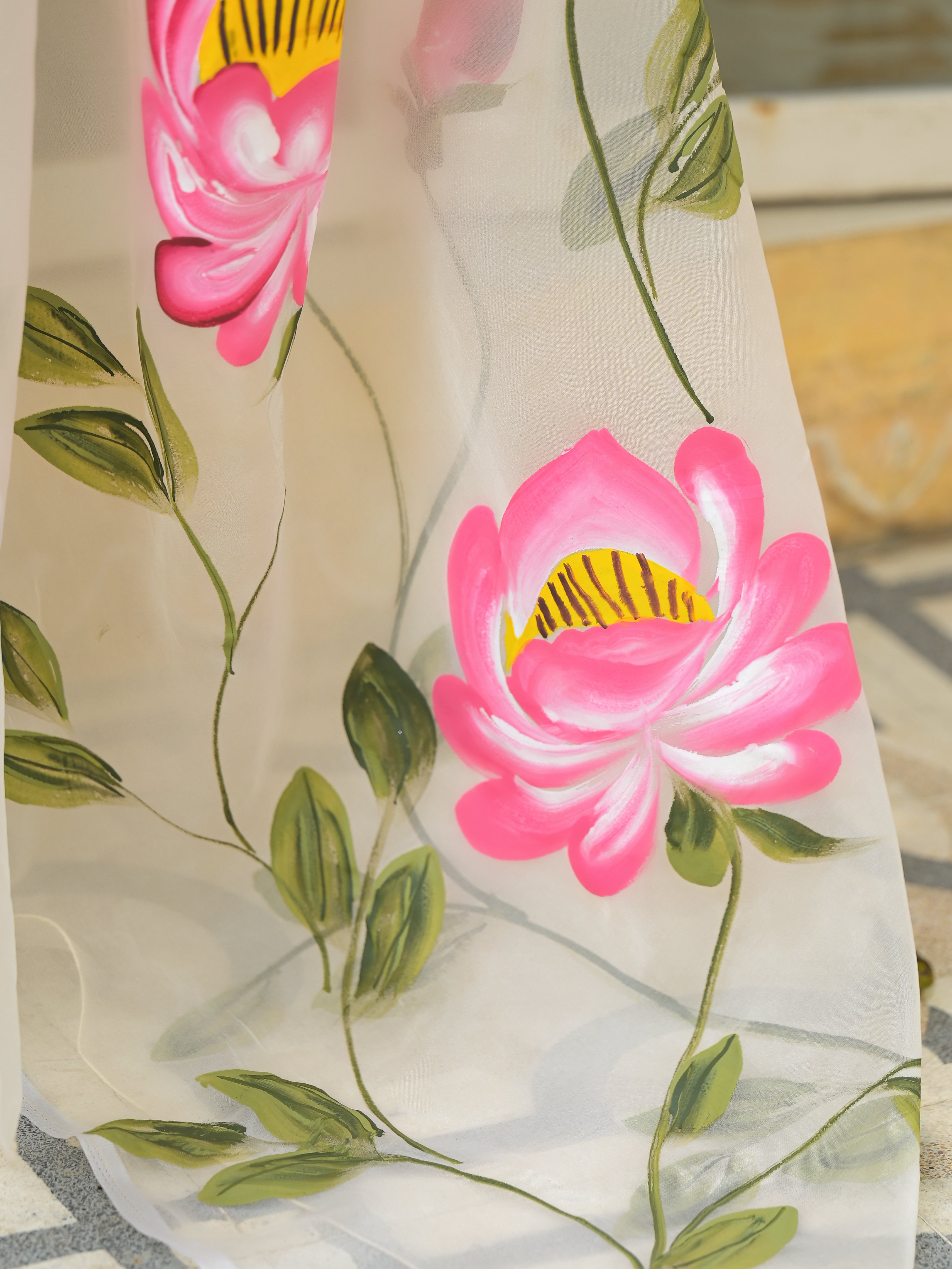 Cream Hand-painted Organza Saree