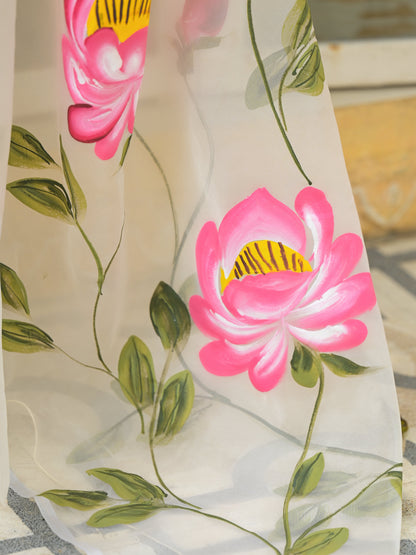 Cream Hand-painted Organza Saree
