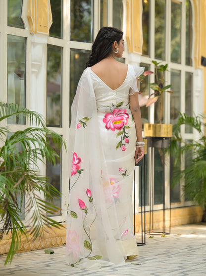 Cream Hand-painted Organza Saree