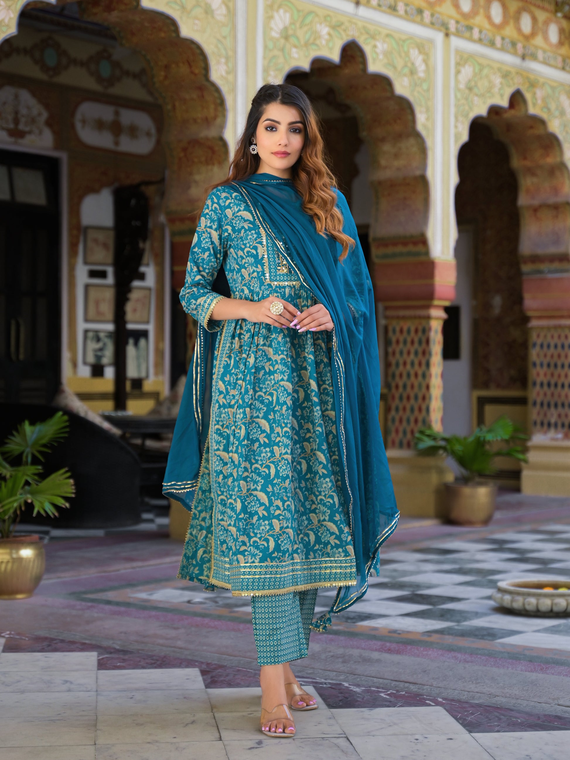 Teal Green Floral Print Cotton Nyra Cut Kurta pants with Dupatta set