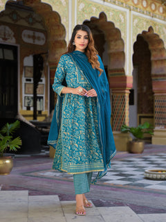 Teal Green Floral Print Cotton Nyra Cut Kurta pants with Dupatta set