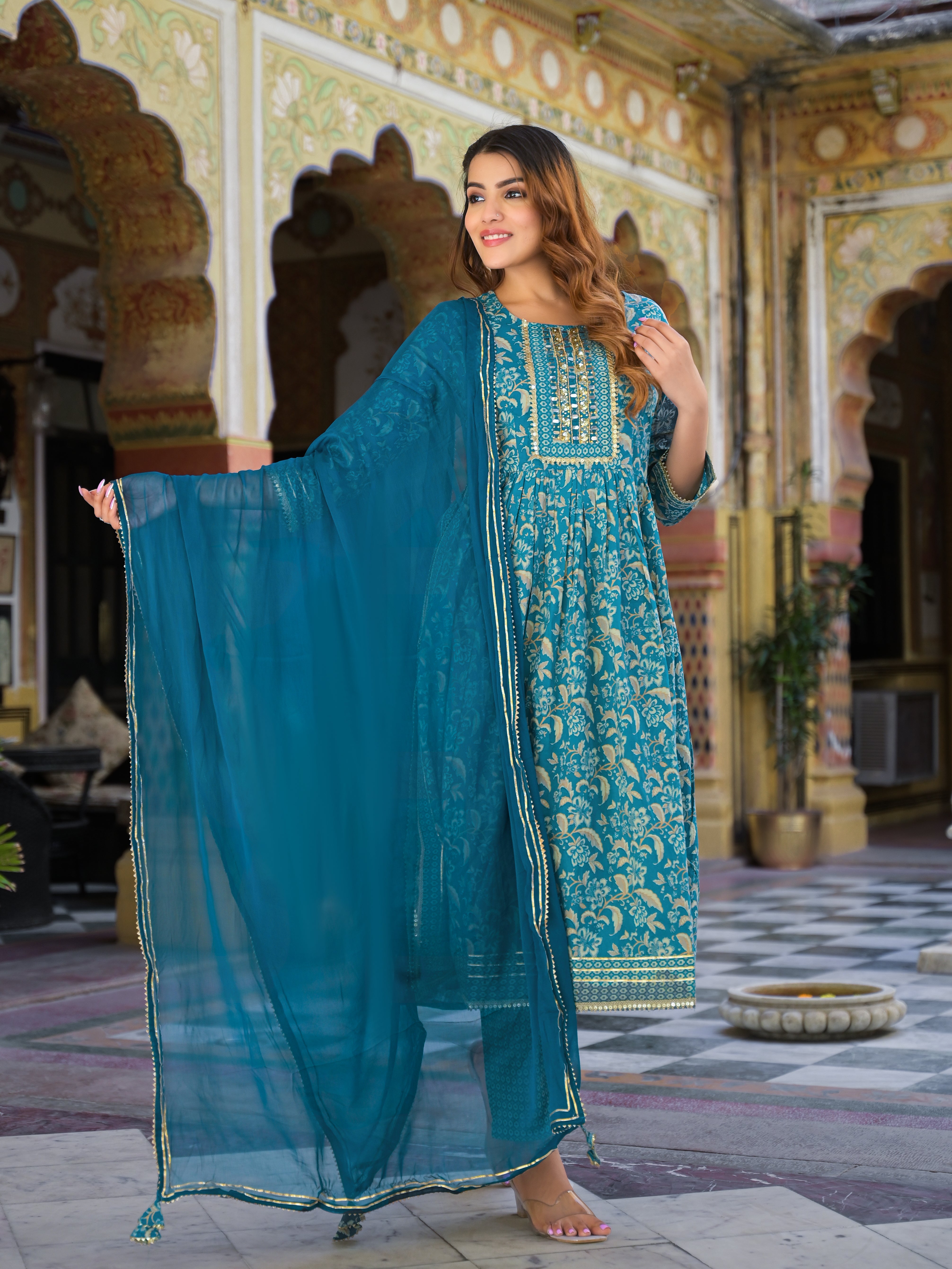 Teal Green Floral Print Cotton Nyra Cut Kurta pants with Dupatta set