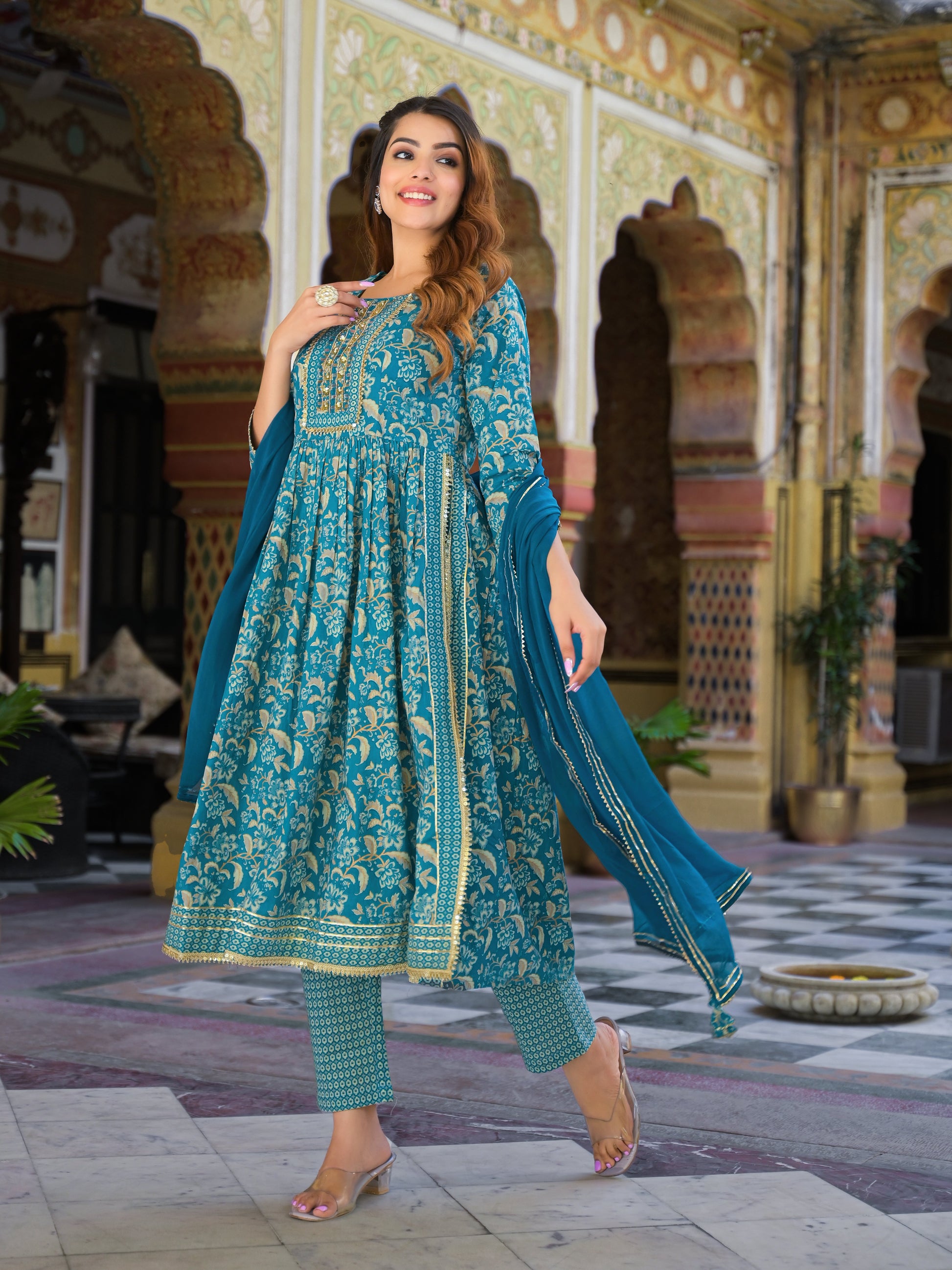 Teal Green Floral Print Cotton Nyra Cut Kurta pants with Dupatta set