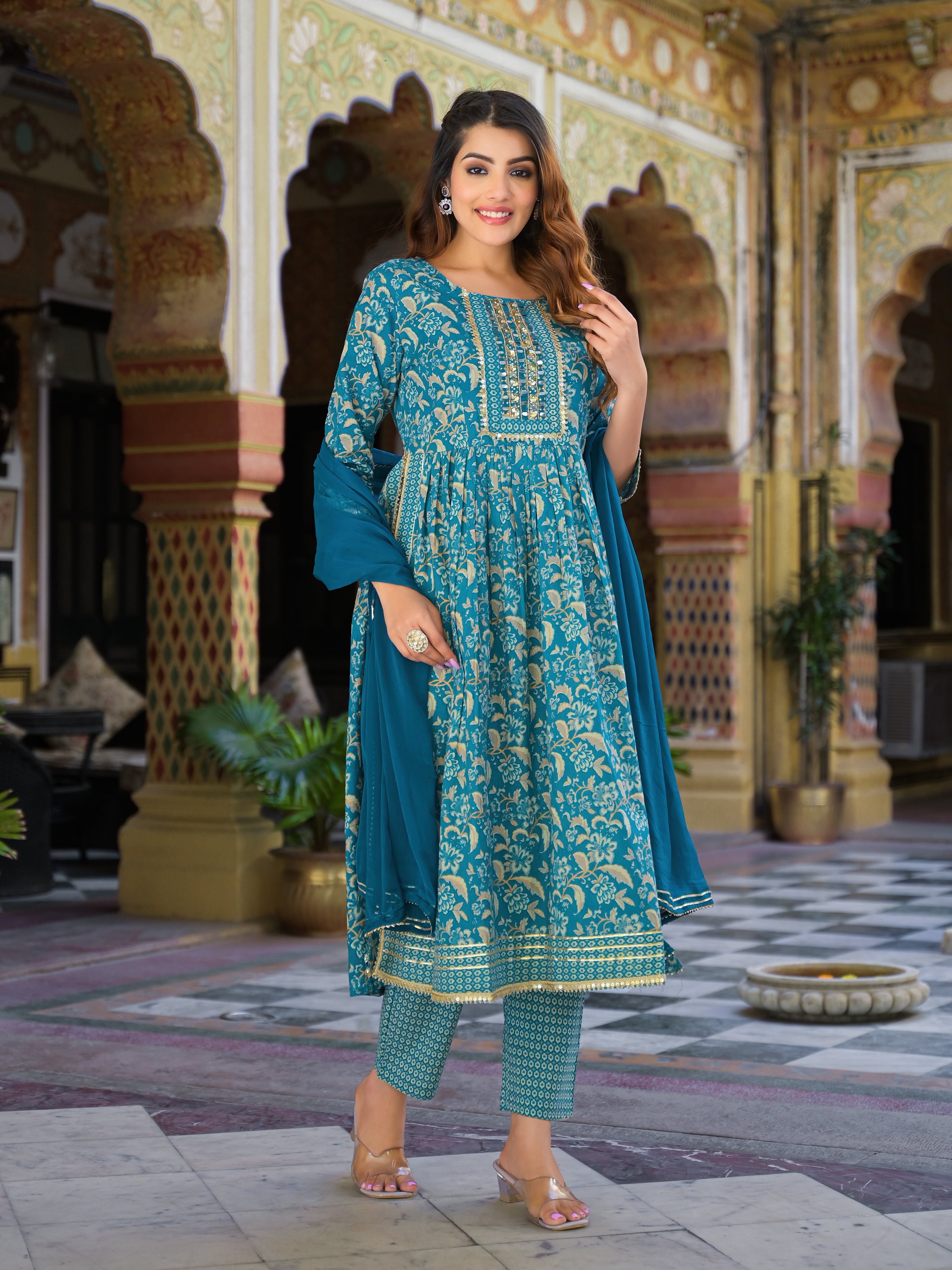 Teal Green Floral Print Cotton Nyra Cut Kurta pants with Dupatta set