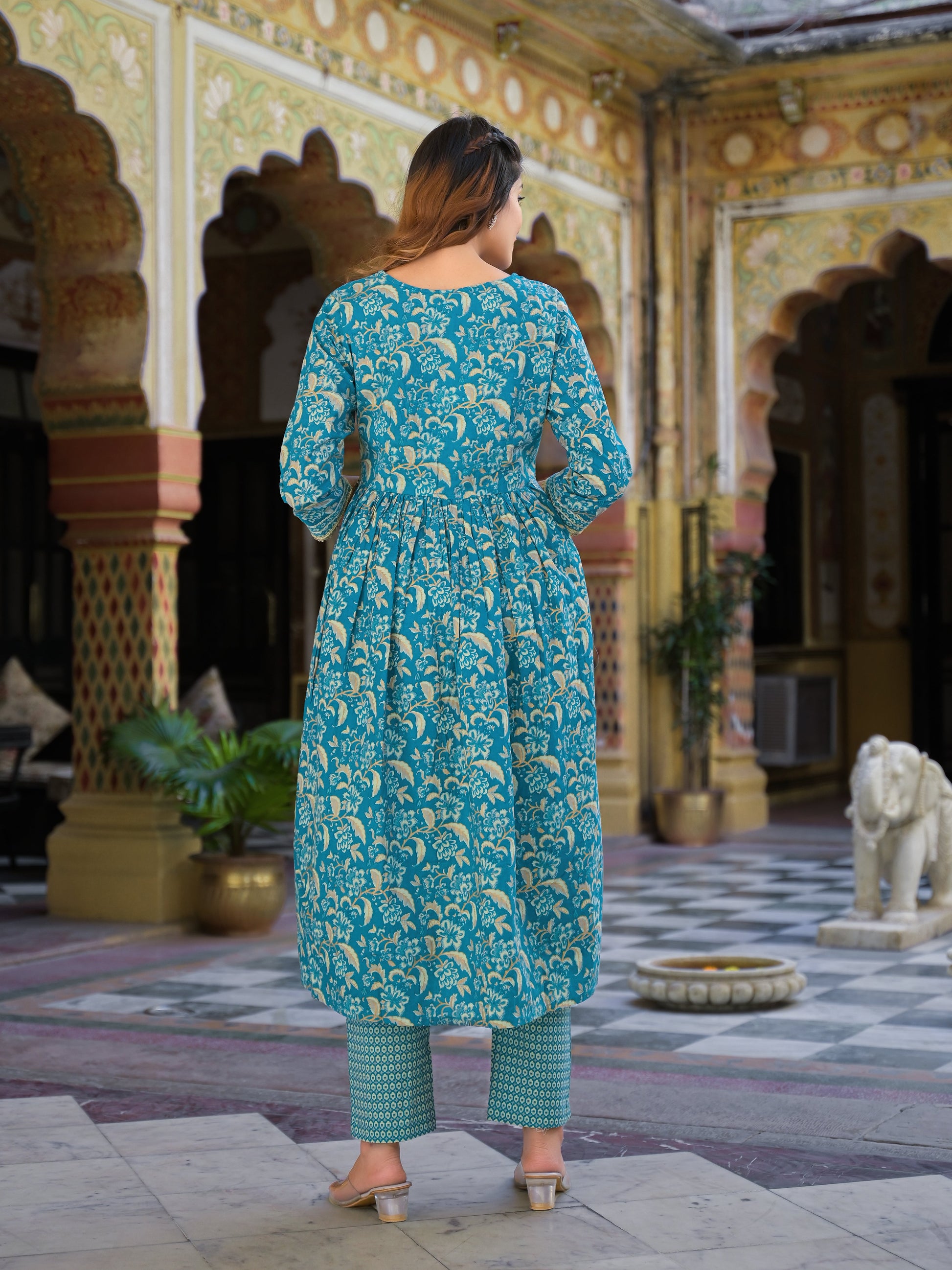 Teal Green Floral Print Cotton Nyra Cut Kurta pants with Dupatta set