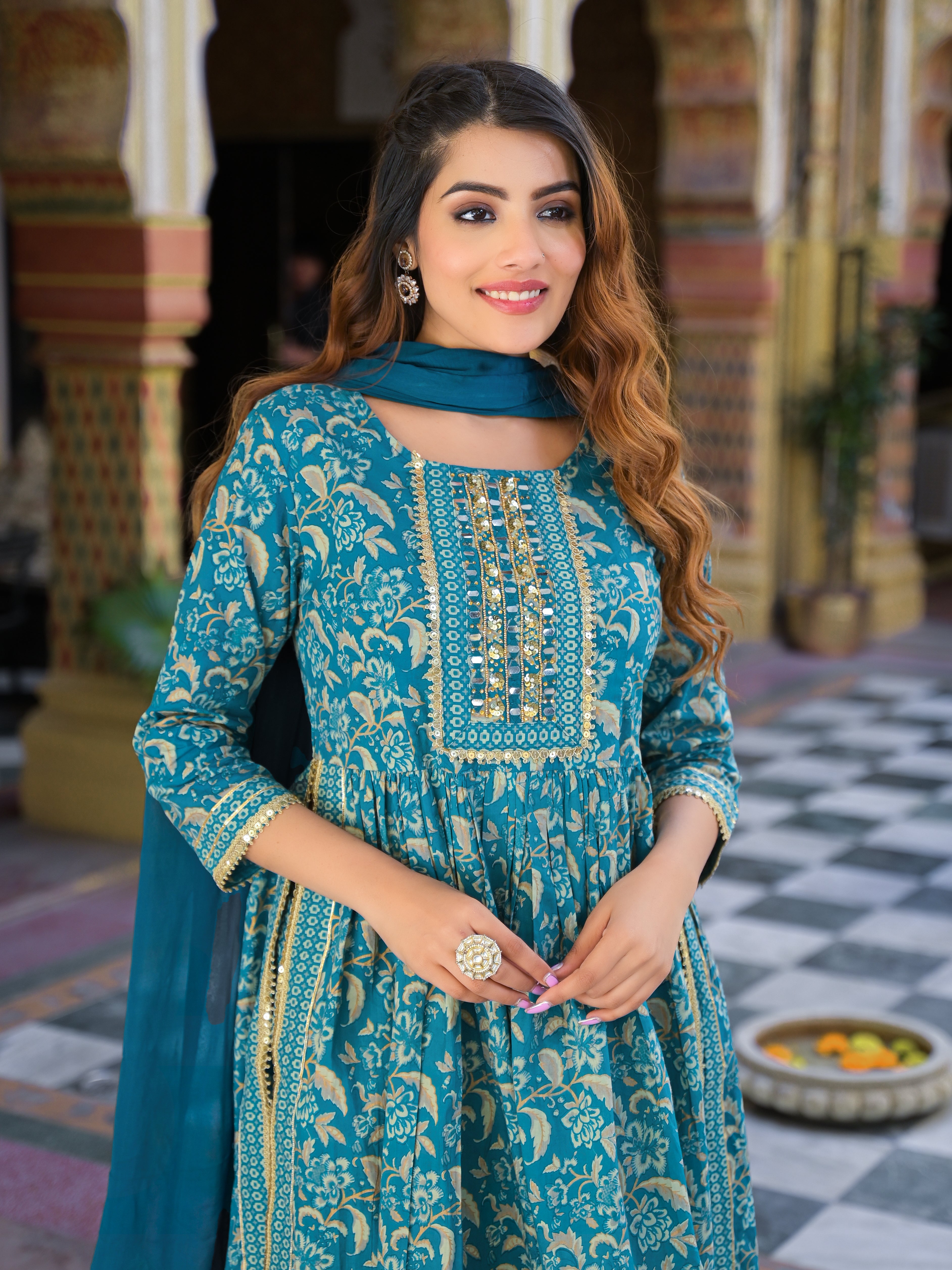 Teal Green Floral Print Cotton Nyra Cut Kurta pants with Dupatta set